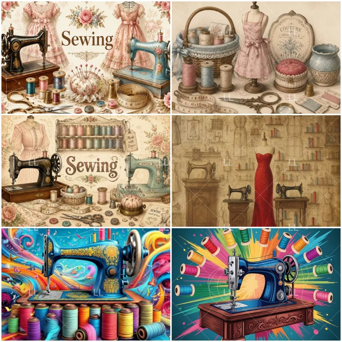 Vintage Sewing Backdrop Antique Tailor Tools Sewing Machine Thread Spools Floral Background Handmade Craft Photo Studio Prop