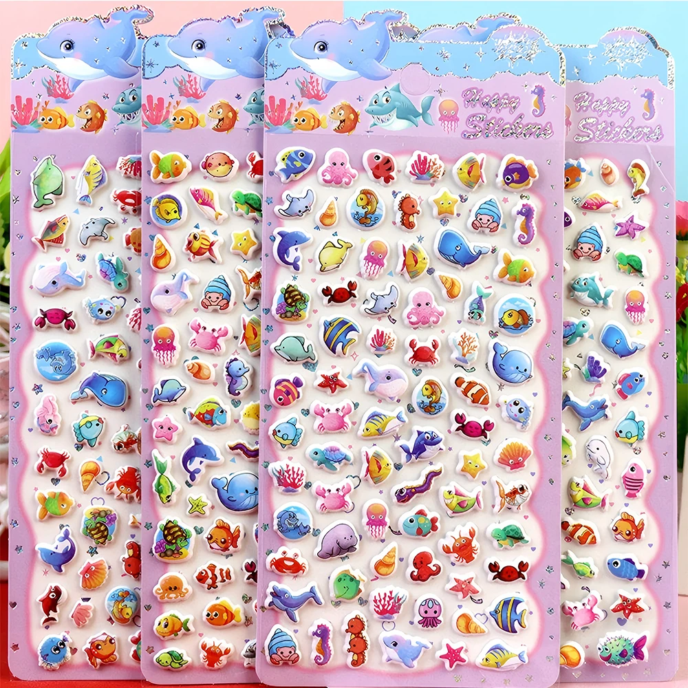 4pcs Cute Cartoon Marine Animals Fish Bubble Stickers Decal DIY Diary Laptop Phone Case Diary Suitcase Fridge Decoration Sticker