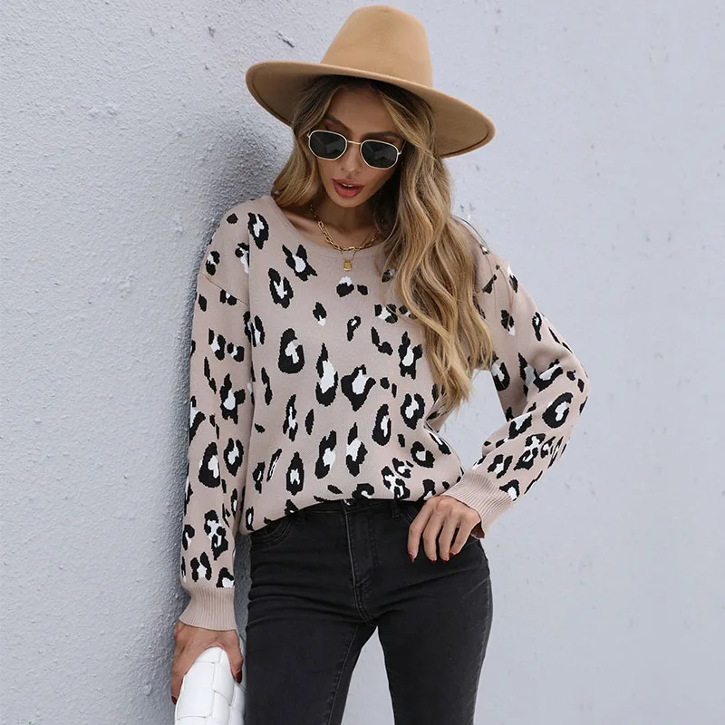 

Woman Sweaters Knitted Pullover Women Winter Autumn Warm Sweater O-Neck Leopard Printed Long Sleeve Pullover AA4527