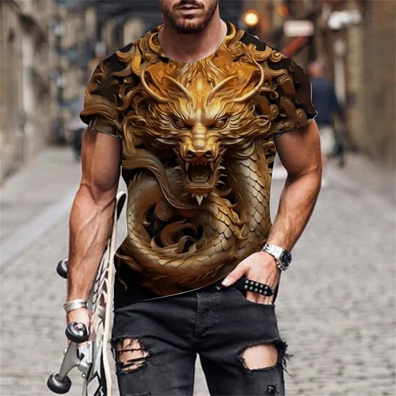 Men's 3D printed domineering dragon head short sleeved T-shirt,casual quick drying T-shirt,2024 new short sleeved top