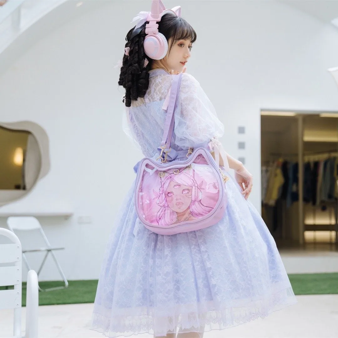 YOWU Michiko Cat Joint Cuffia Itabag Borsa per auricolare Bluetooth Borsa a tracolla viola per animazione speciale in tela trasparente per esterni