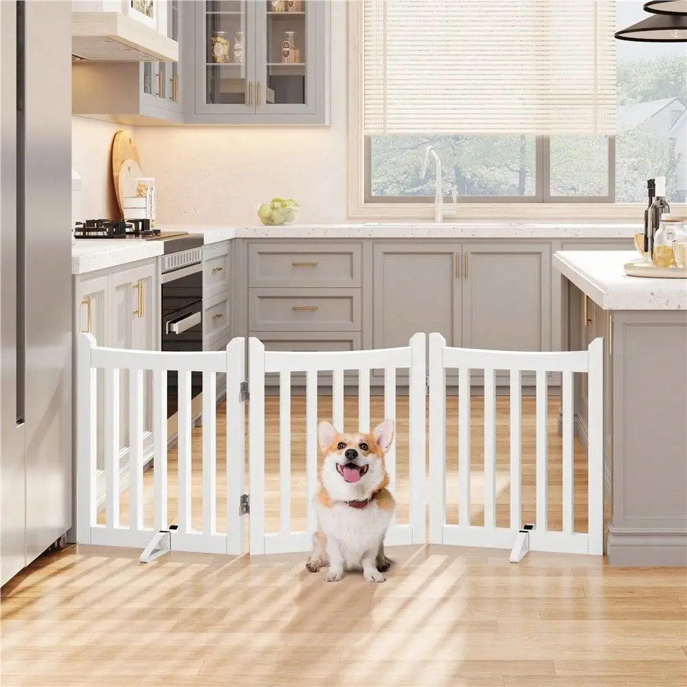 

3Panel Freestanding Wooden Pet Gate With Door For Doorway