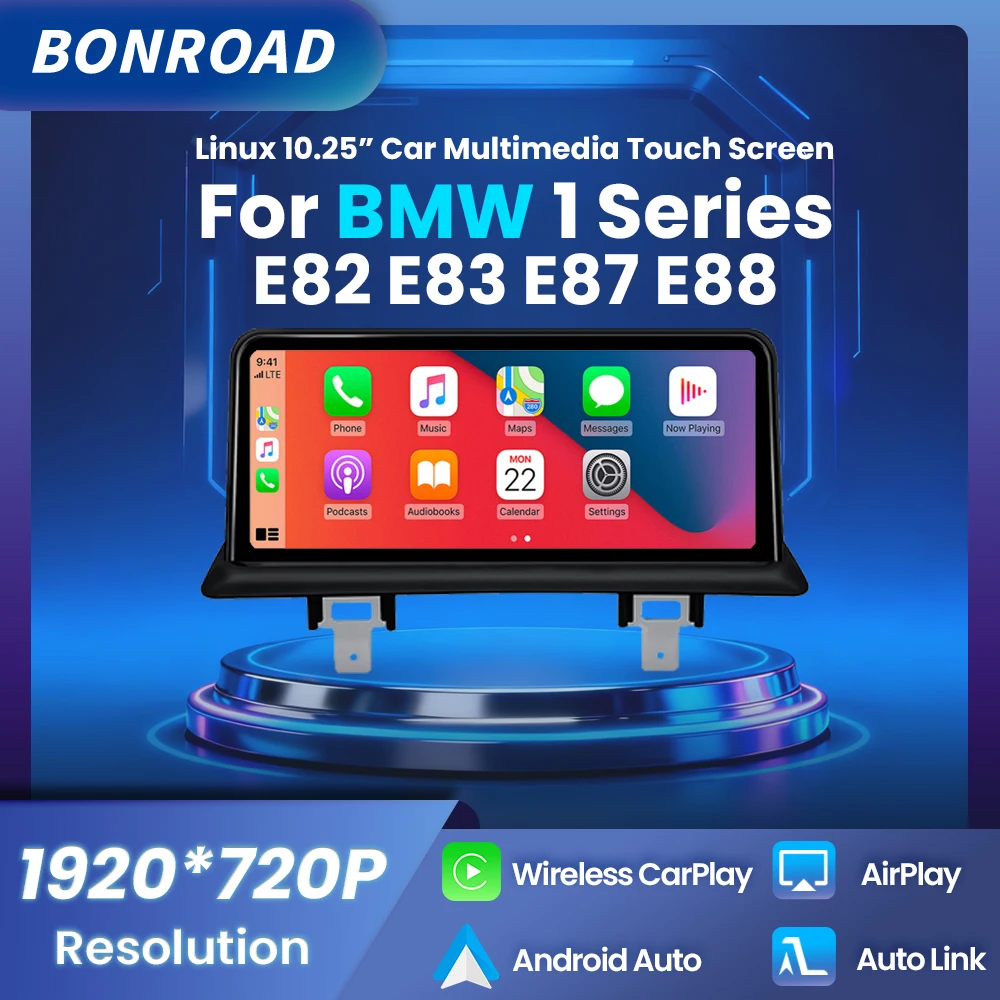 BONROAD Linux 10.25 "1920*720P autoradio multimédia avec écran tactile, CarPlay sans fil, Android Auto pour BMW série 1 E81 E82 E87 E88 2004-2013, navigation