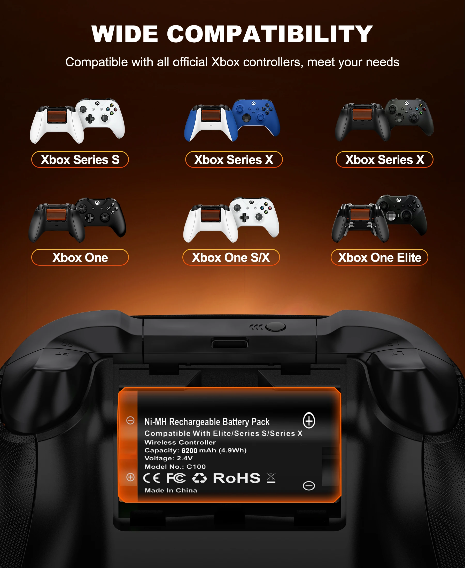 BEBONCOOL C100 2*6200 mWh حزمة بطاريات قابلة للشحن لـ XBOX Serise S/X وXBOX ONE S/X/Elite مع كابل الشحن