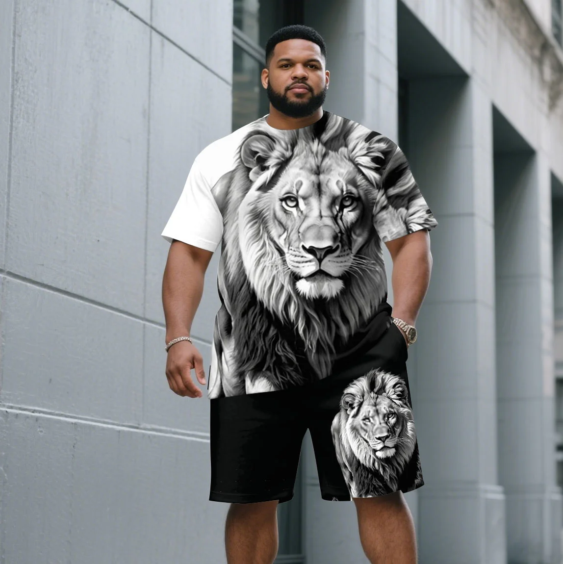 Men's Plus Size Lion Head Graphic T-Shirt and Shorts Set, 2 Piece Short Sleeve Crew Neck, Casual Wear for Summer Travel, S-9XL