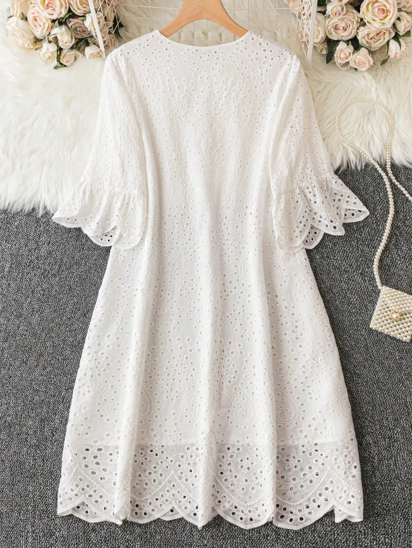 Plus Size Women White Eyelet Embroidery Dress, Flare Short Sleeve Loose Fit Midi Dresses, Casual Summer Hollow Out Vacation Dres