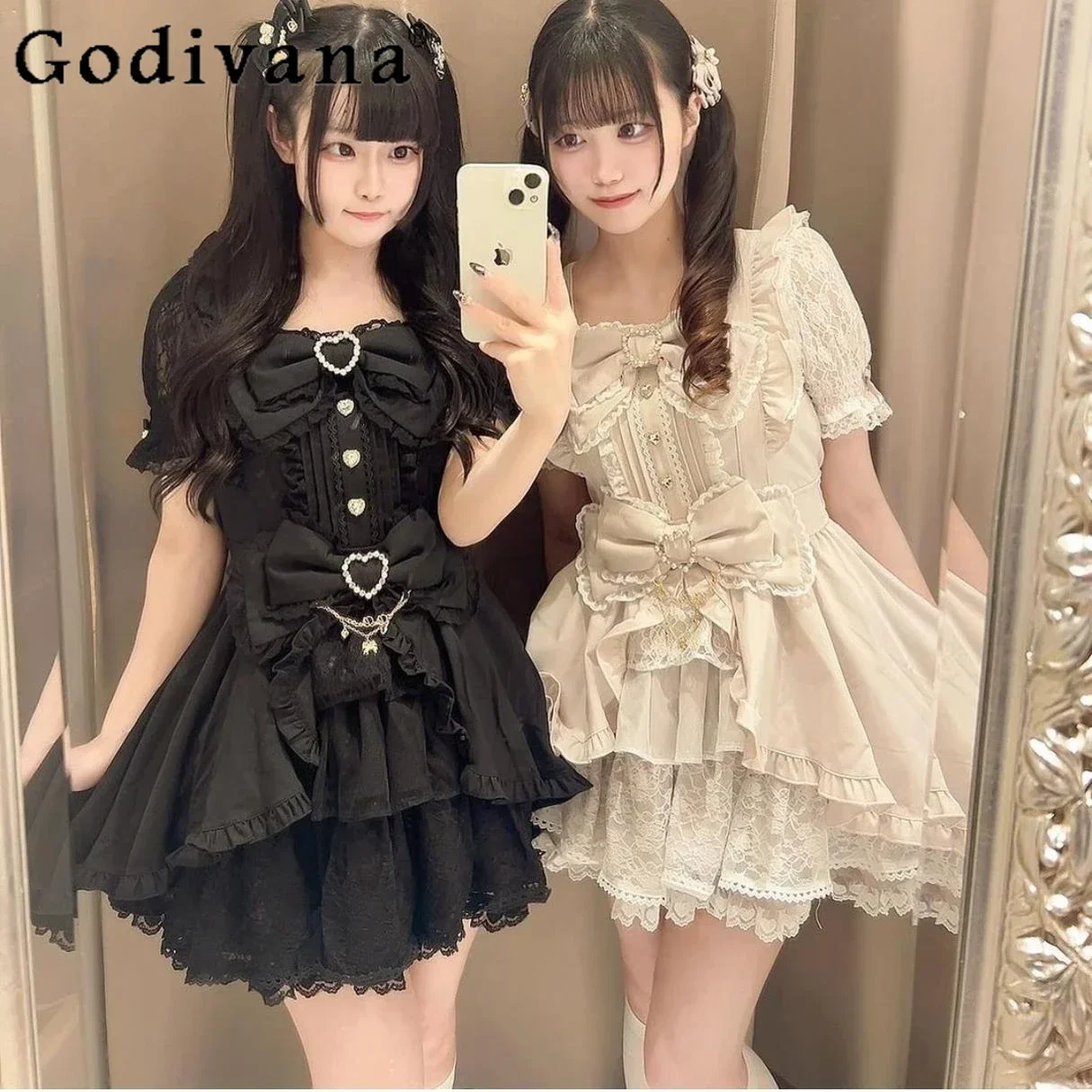 Japanese Style Liz Lolita Outfits Women's Bow Lace Dress Culottes Set Spring Autumn Women Girls Sweet Skirt Set 2 Piece Sets