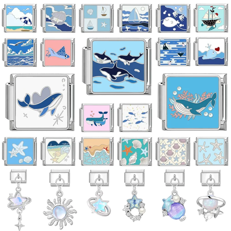 Y2K Colour Glaze Shark Whale Shell Starfish Italian Charm Link Fit 9mm Stainless Steel Module Womens Bracelet DIY Making Jewelry