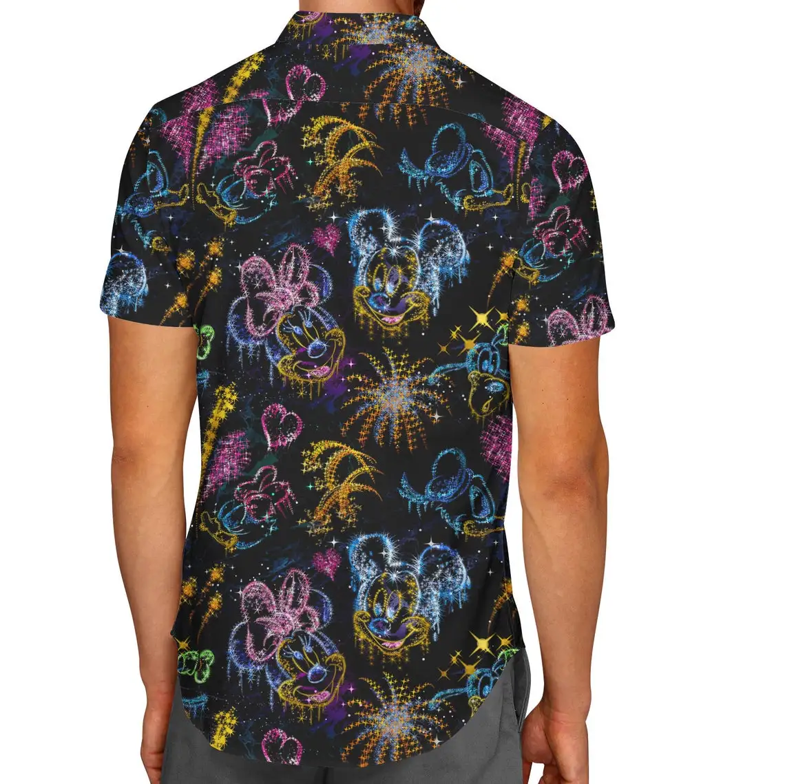 Botão masculino de manga curta camisa de praia, Mickey e Minnie's Love in the Sky Camisa havaiana, casual