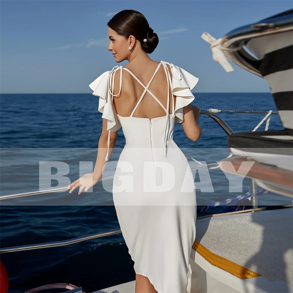 Suknia ślubna BIGDAY, prosta, krótka, typu sheath, z odkrytymi plecami, dekolt okrągły, rękawy typu nietoperz, długość do kolan, suknia ślubna, Vestido De Noiva, możliwość personalizacji.