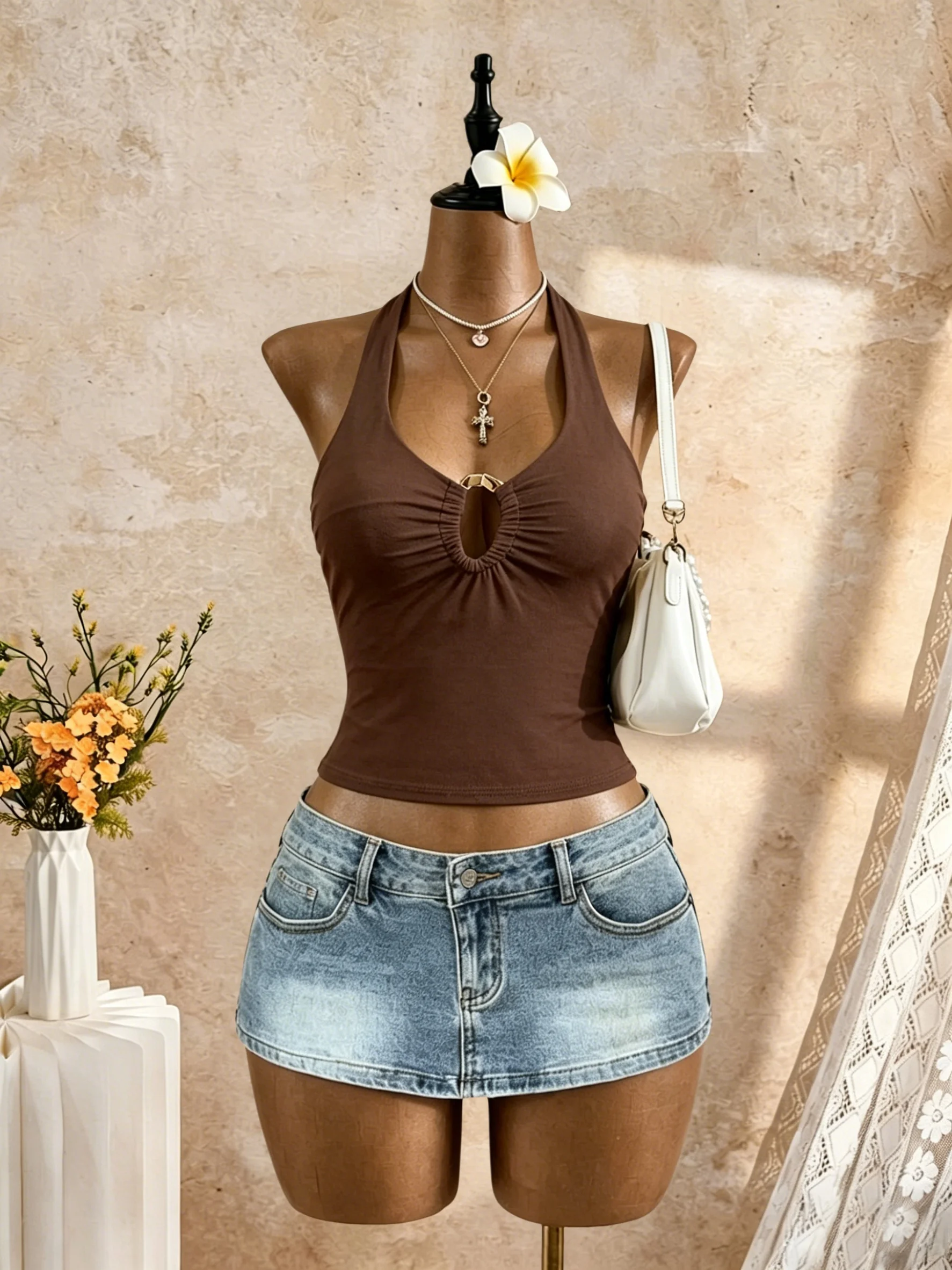 Women Halter Neck O‑Ring Cutout Front Ruched Sleeveless Fitted Crop Top Casual Camisole