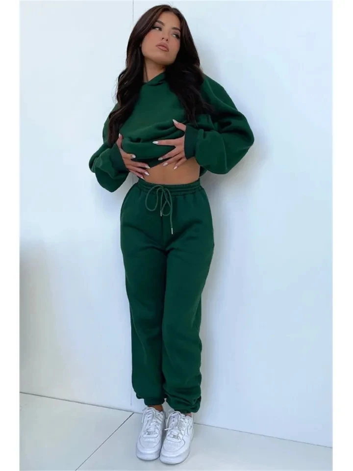

Autumn Winter New Hooded Sweatshirt Women's Set Fashion Pocket Casual Warm Fleece Casual Sports Long Pants 2 Piece Set Female