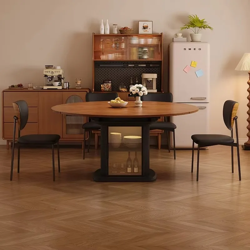 French Mid-Century Style Solid Beech Wood Dining Table With Multi-functional Storage Foldable Two-in-One Table For Small Home