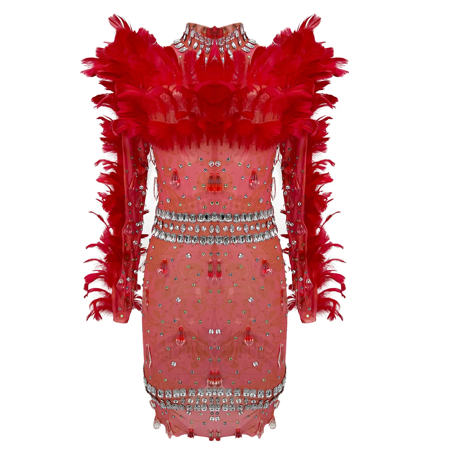 

Fashion Red Feather Long Sleeved Dress Silver Rhinestone See Through Mesh Cocktail Wedding Banquet Party Dress Stage Dress emao