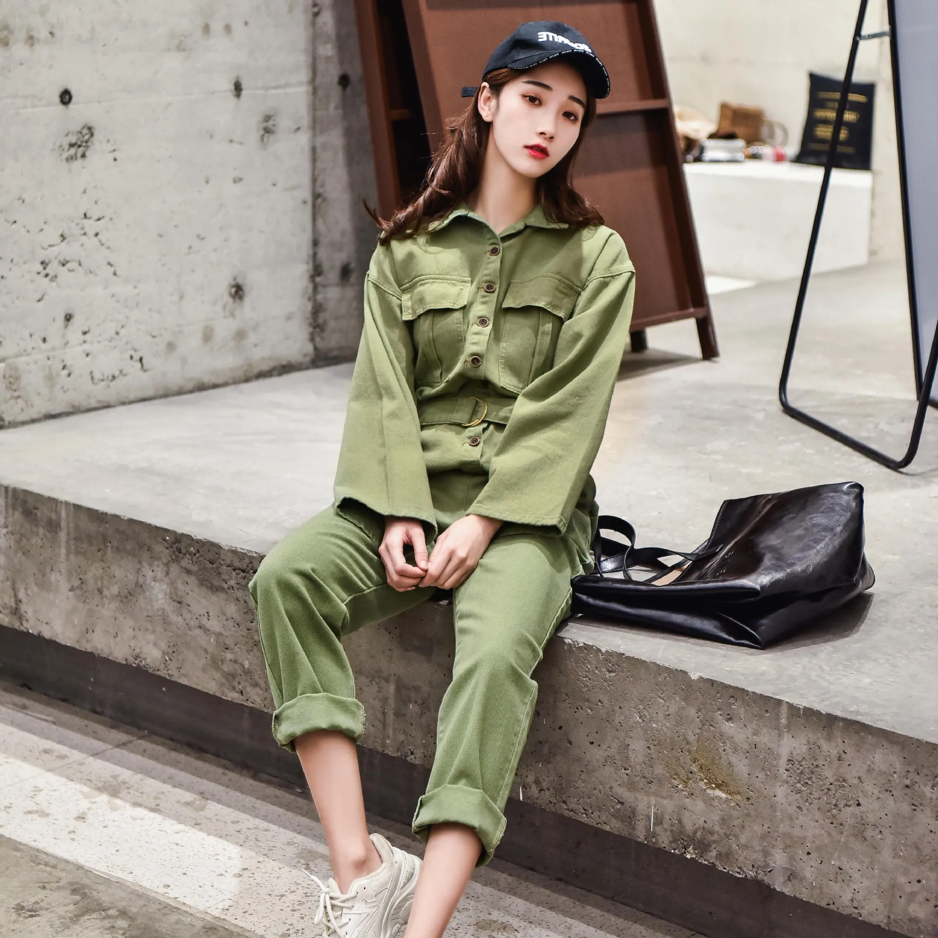 

Europe and America Spring and Autumn Loose Tooling Denim Jumpsuit,Solid Color Casual Lapel Long Sleeve Long Pants Jumpsuit Women
