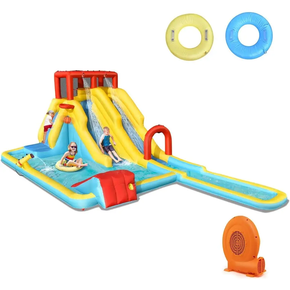 Iatable Water Slide, Double Long Slides Riesiges Waterpark Waterslide Iatables mit Kletterwand und Spritzbecken, Outdoor Blow