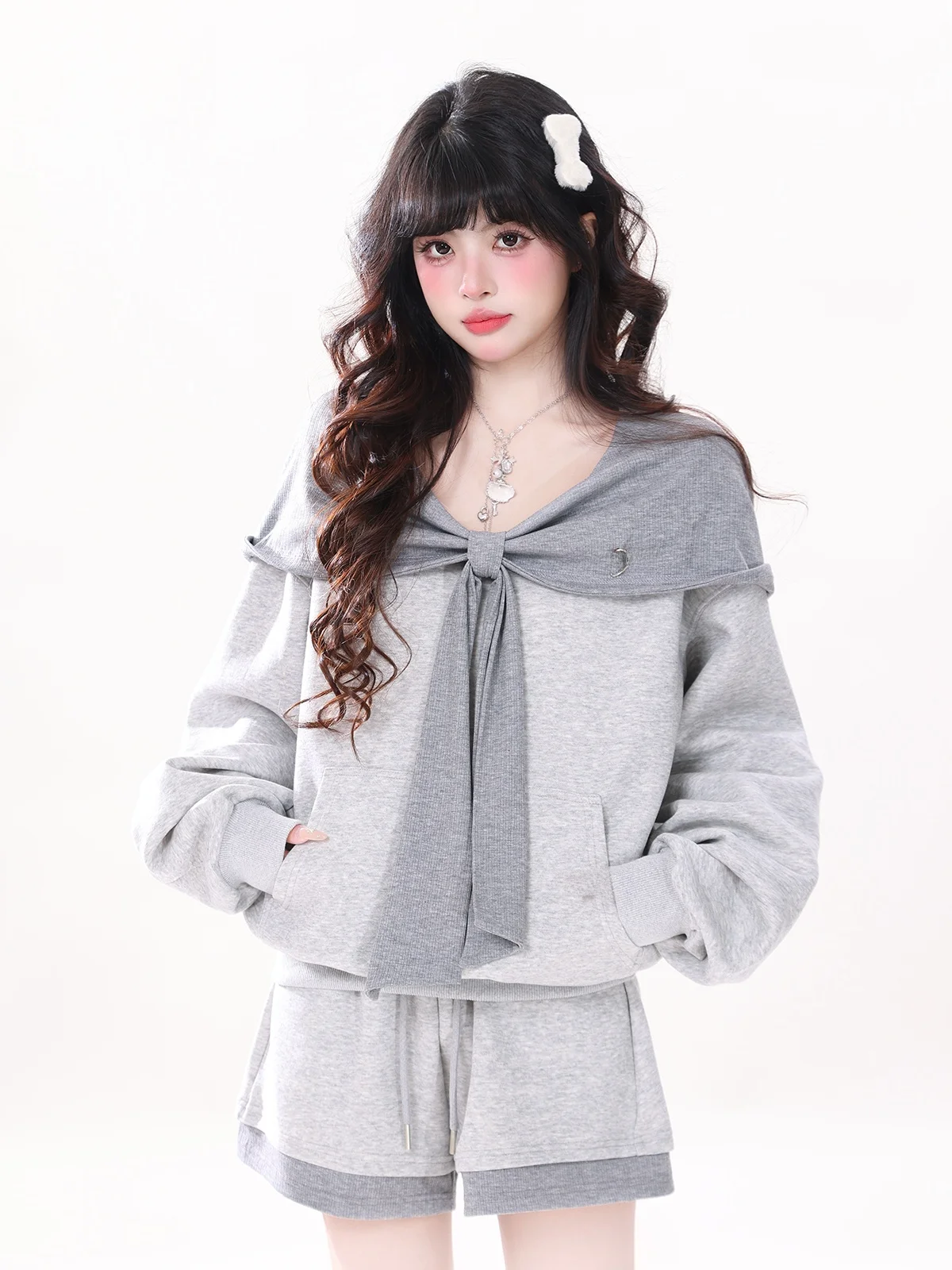 

ENJOG American Style One Shoulder Two Wear Hoodie Women's Spring Summer New Design Loose Lazy Short Pants Set Casual Fashion