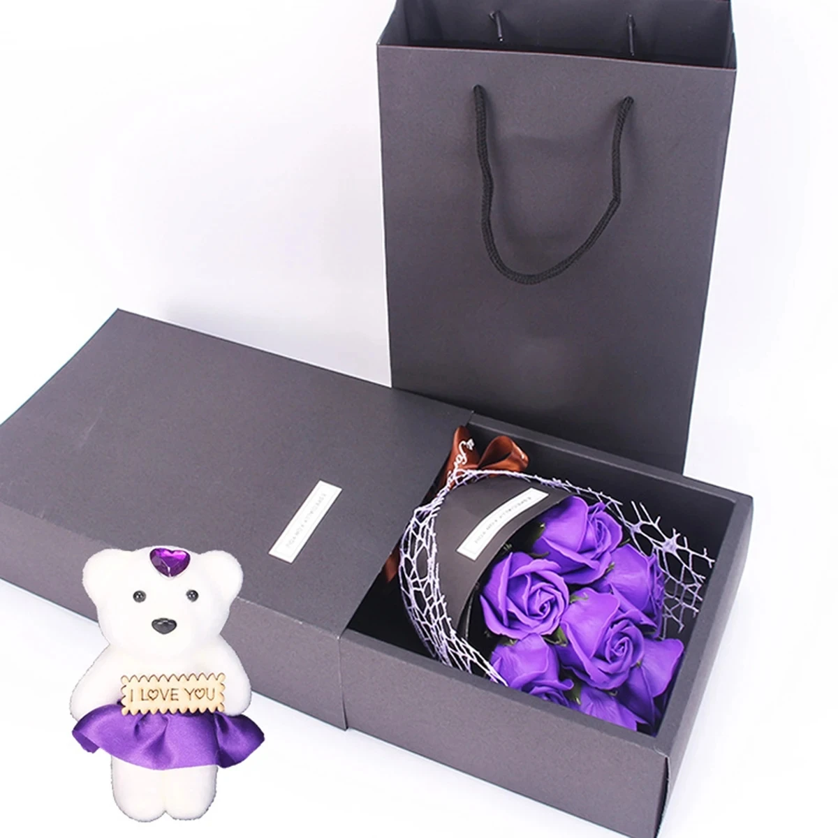 Valentinstag Künstliche Blumen 7 Rosen-Seifen-Bouquet Geschenkbox Teddybär-Blume Kreatives Valentinstag-Geschenk Heimdekoration – Detail 6