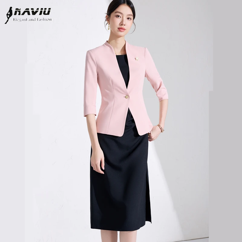 

NAVIU 2025 New For Women Elegant Commuting Suit Office Fashion Casual Half Sleeve Slim Single Button Blazer And Dress Work Wear