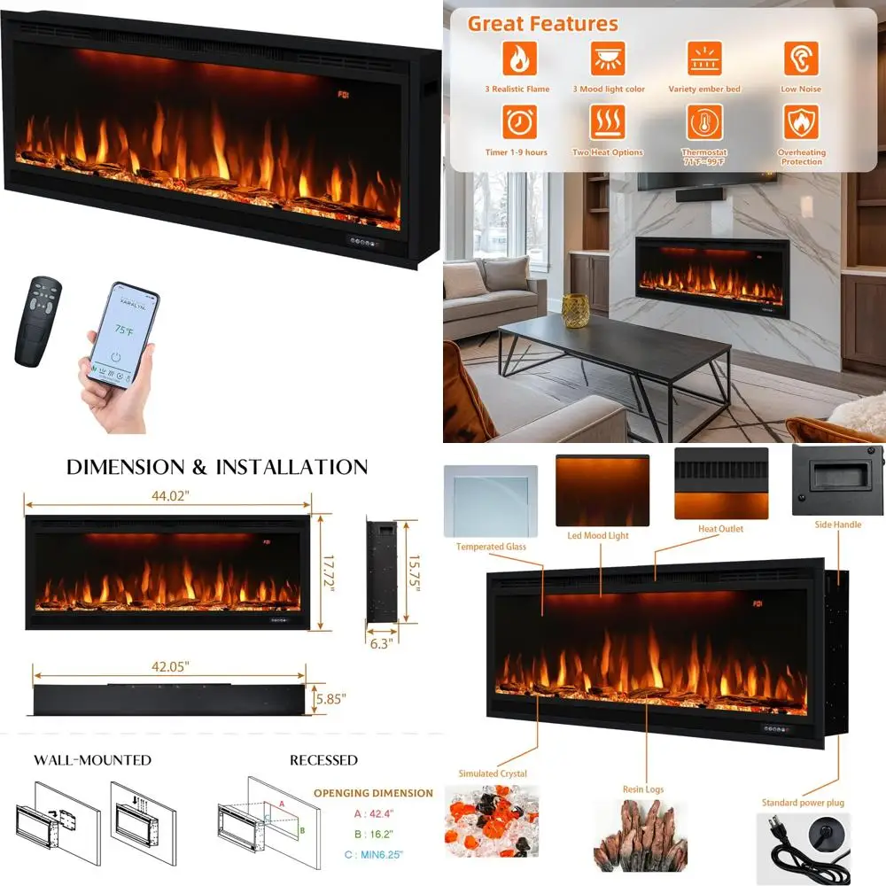 

42-Inch Smart Electric Fireplace with Wall-Mounted Recessed Insert, Multicolor Flame and App Control