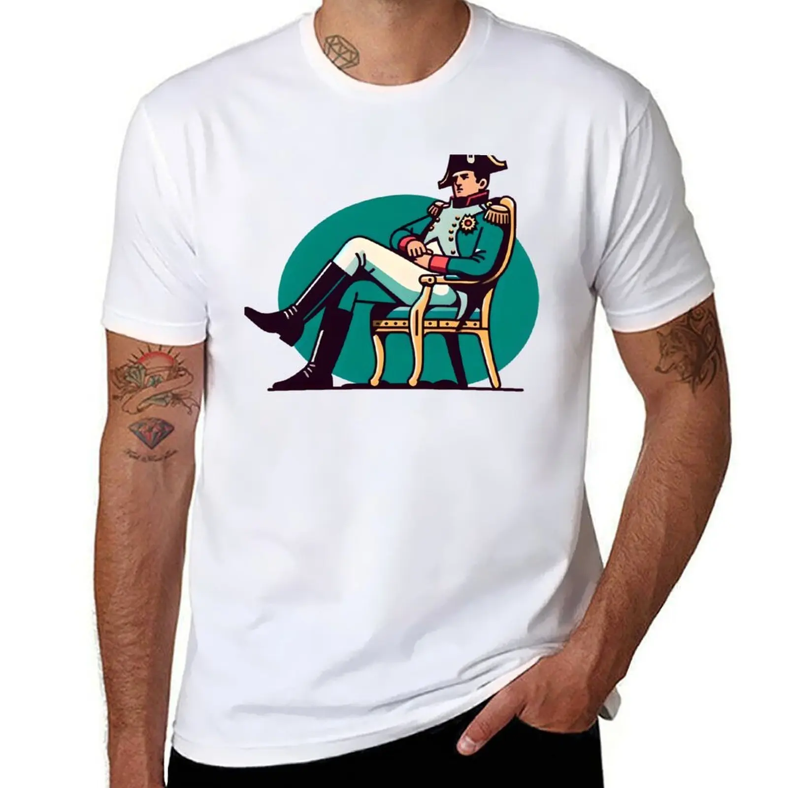 

Napoleon siting on chair drawing T-Shirt black cotton t-shirt plain for man package funny t shirts man T-Shirt