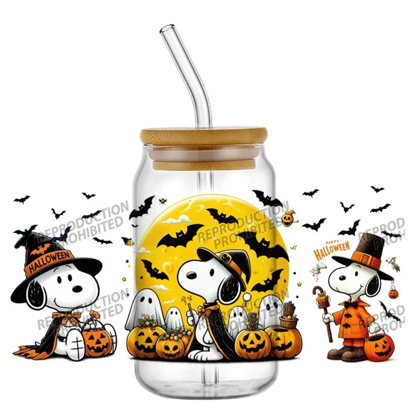 الأشعة فوق البنفسجية DTF نقل ملصق سنوبي سلسلة الهالوين ل 16 أوقية Libbey نظارات يلتف الزجاجات يمكن DIY بها بنفسك الشارات المخصصة للماء