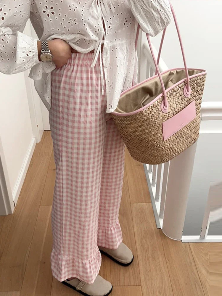 Casual Plaid Ruffles Edge Flare Pants Women Elastic High Waist Wide Leg Female Trouser 2024 Spring Summer Fashion All-match Pant