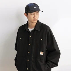 Washed Workwear Japanese Style Long Sleeve Shirt forMen 2024 Spring New Loose Fit Vintage Rivet Patchwork Structure Shirt Jacket