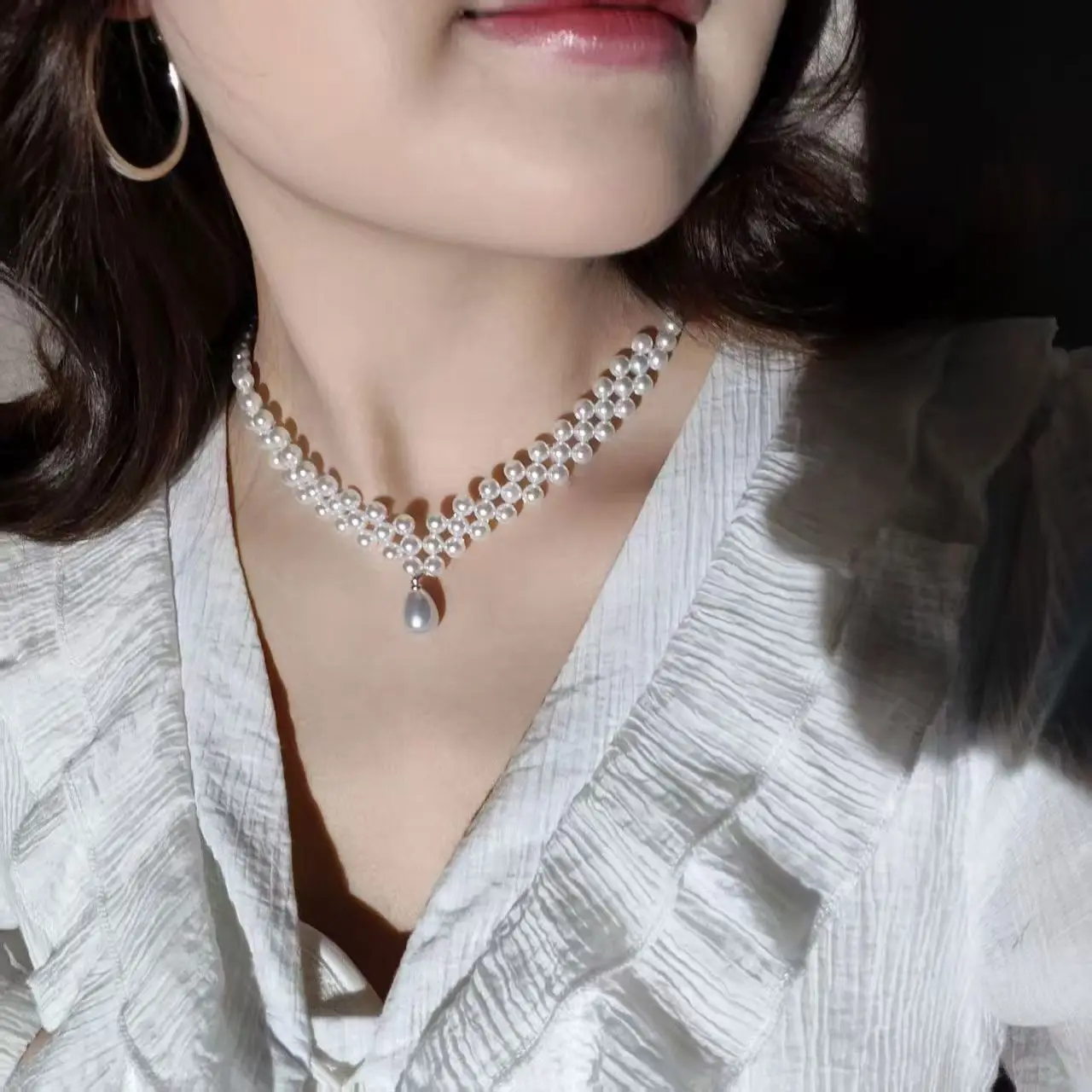 Elegant Double Layer Woven Bead Choker Necklace Shiny Teardrop Pendant Graceful Women V Neck Daily Delicate Neckpiece