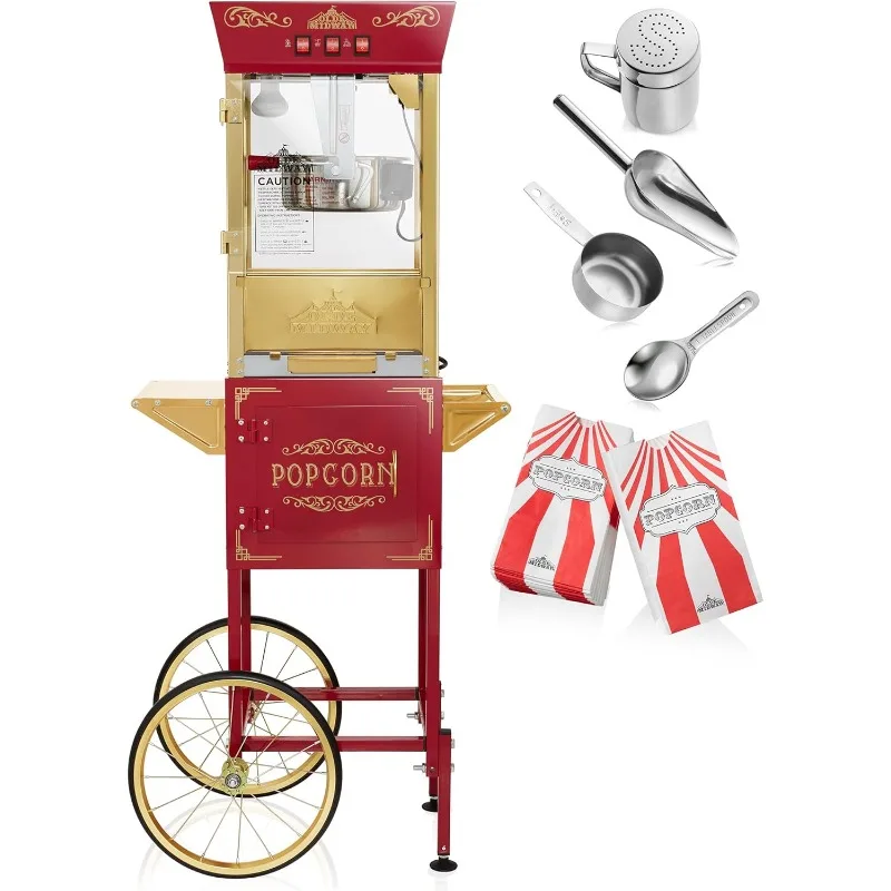 Movie Theater-Style Popcorn Machine Maker with Cart and 10-Ounce Kettle - Red, Vintage-Style Popper on Wheels