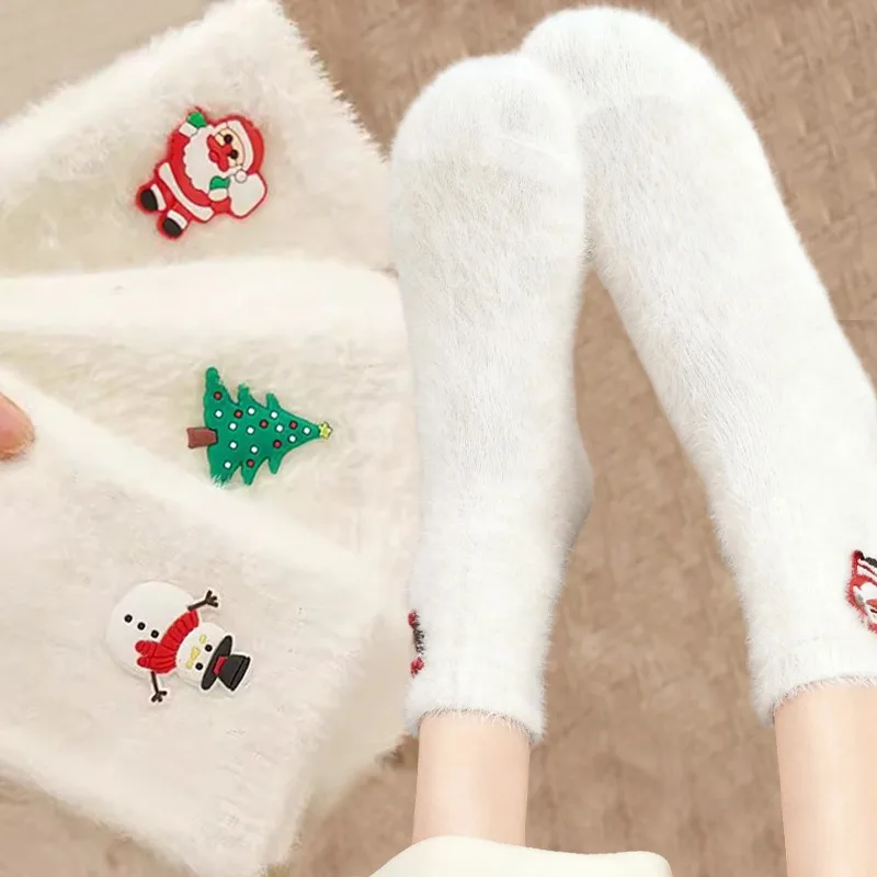 5 أزواج من فراء المنك الأبيض الجوارب الناعمة الدافئة الشتاء الجوارب النساء عيد الميلاد سانتا الرنة ثلج دافئ غامض أفخم التمهيد المنزل Sockings #1