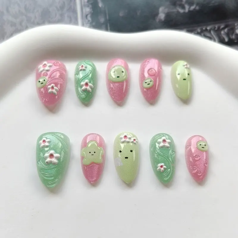10Pcs Women French Style 3D Flowered Chunky Powder Cat Eye's Press on Nails Short Almond Fresh Nails Patch False Nails Art
