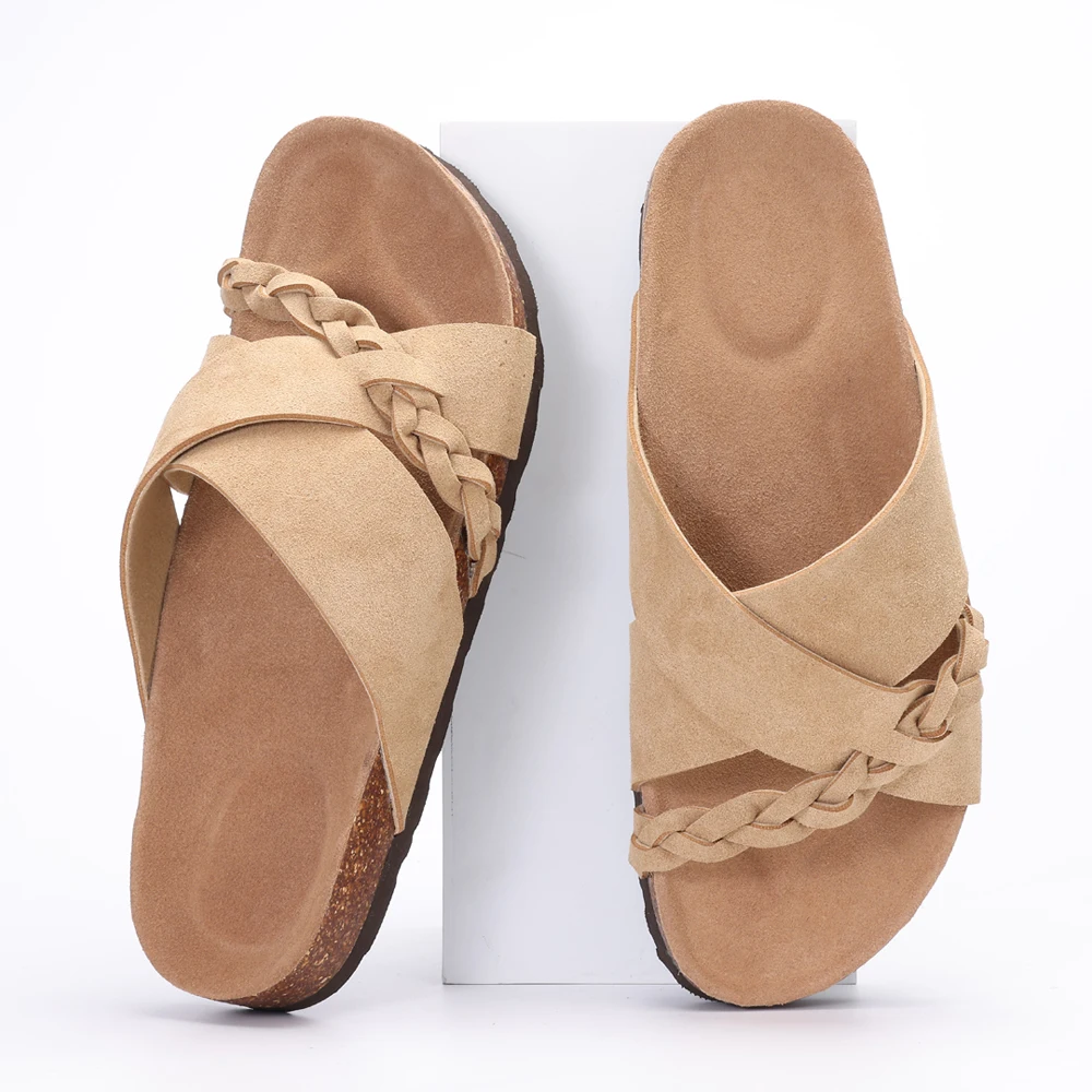 

Comwarm Women's Slides Soft Cork Footbed Sandals Comfortable Walking Slip-on Flat Sandals Arch Support Braided Straps Slippers