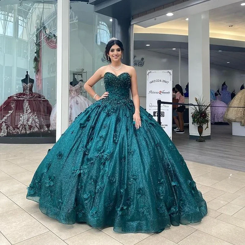 Angelsbridep-vestido De quinceañera para niña De 15 años, traje verde esmeralda 3D De Flora para fiesta De graduación, 2025