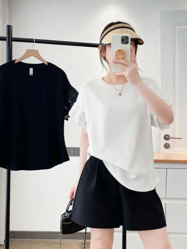 2026 New Lace Splice Short Sleeve T-Shirt Women Loose round Neck Casual Top plus Size Belly Cover Waist Slimming T-Shirt