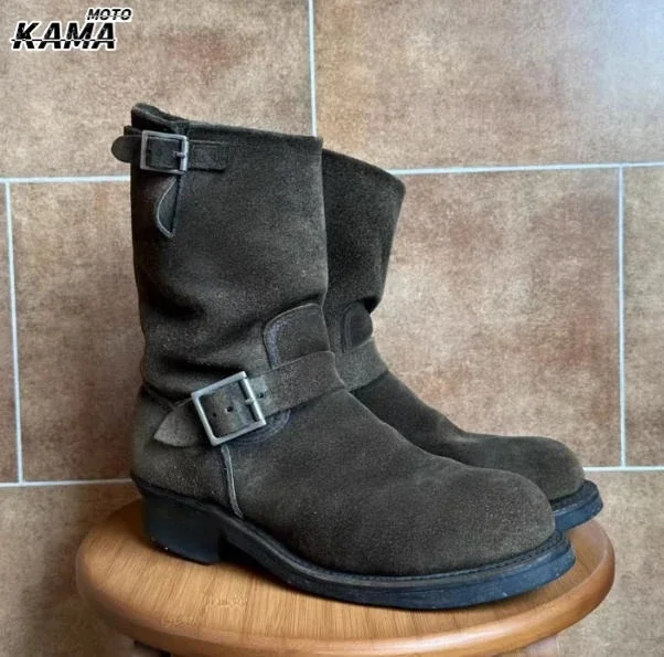 

Vintage Distressed Long Motorcycle Boots Men's Mid-Calf Workwear Boots Autumn Winter New Style Waterproof round Toe Boots