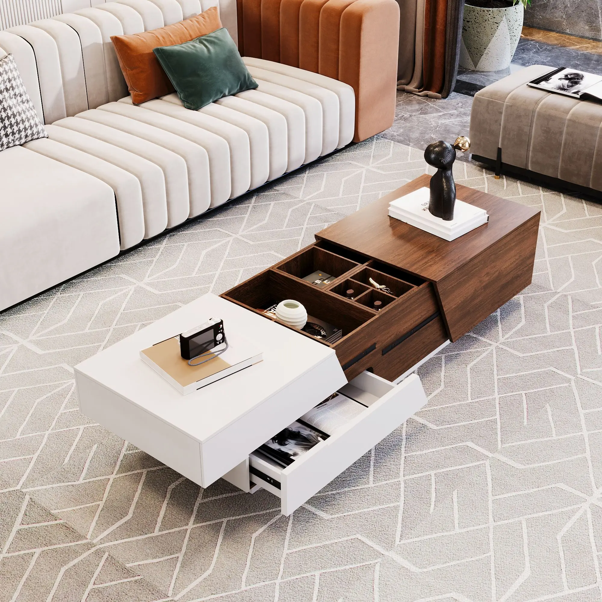 Modern Extendable Sliding Top Coffee Table with Storage in White&Walnut ,Versatile Functionality,Café Tables
