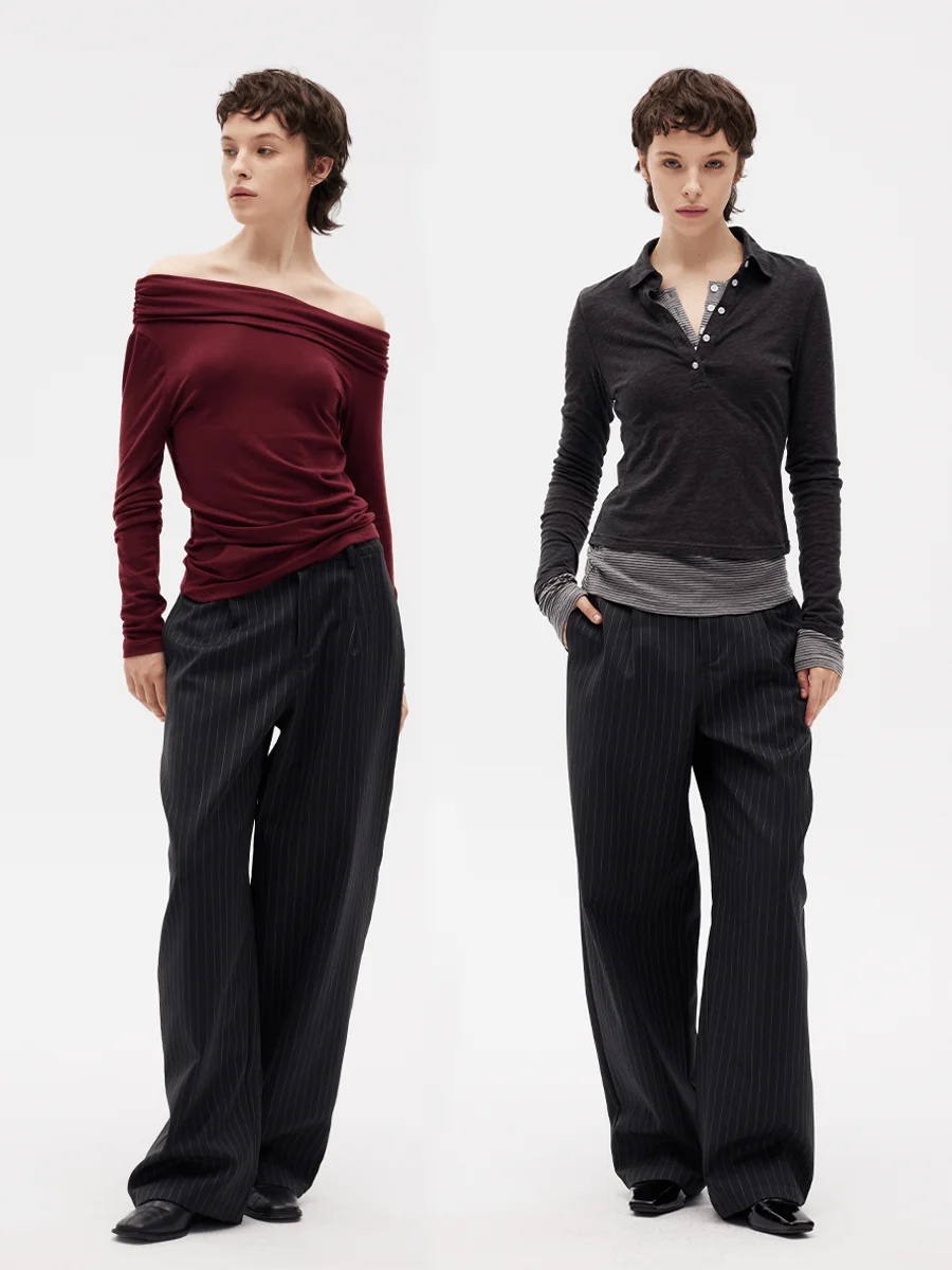 

Certain Autumn Winter Wool Blend Casual Pants Striped Suit Trousers Banana Silhouette Long Leisure Trousers for Women