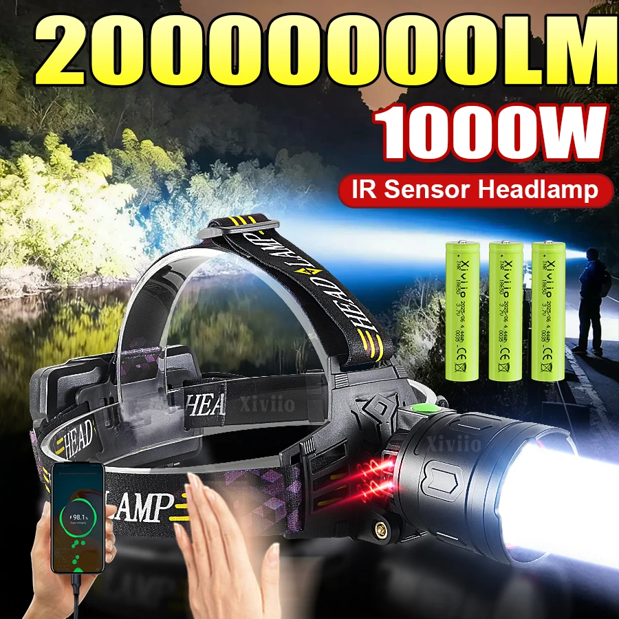 

Мощный светодиодный налобный фонарь 20000000LM с высокой светоотдачей, перезаряжаемый, для рыбалки и кемпинга, на 3 аккумуляторах 18650