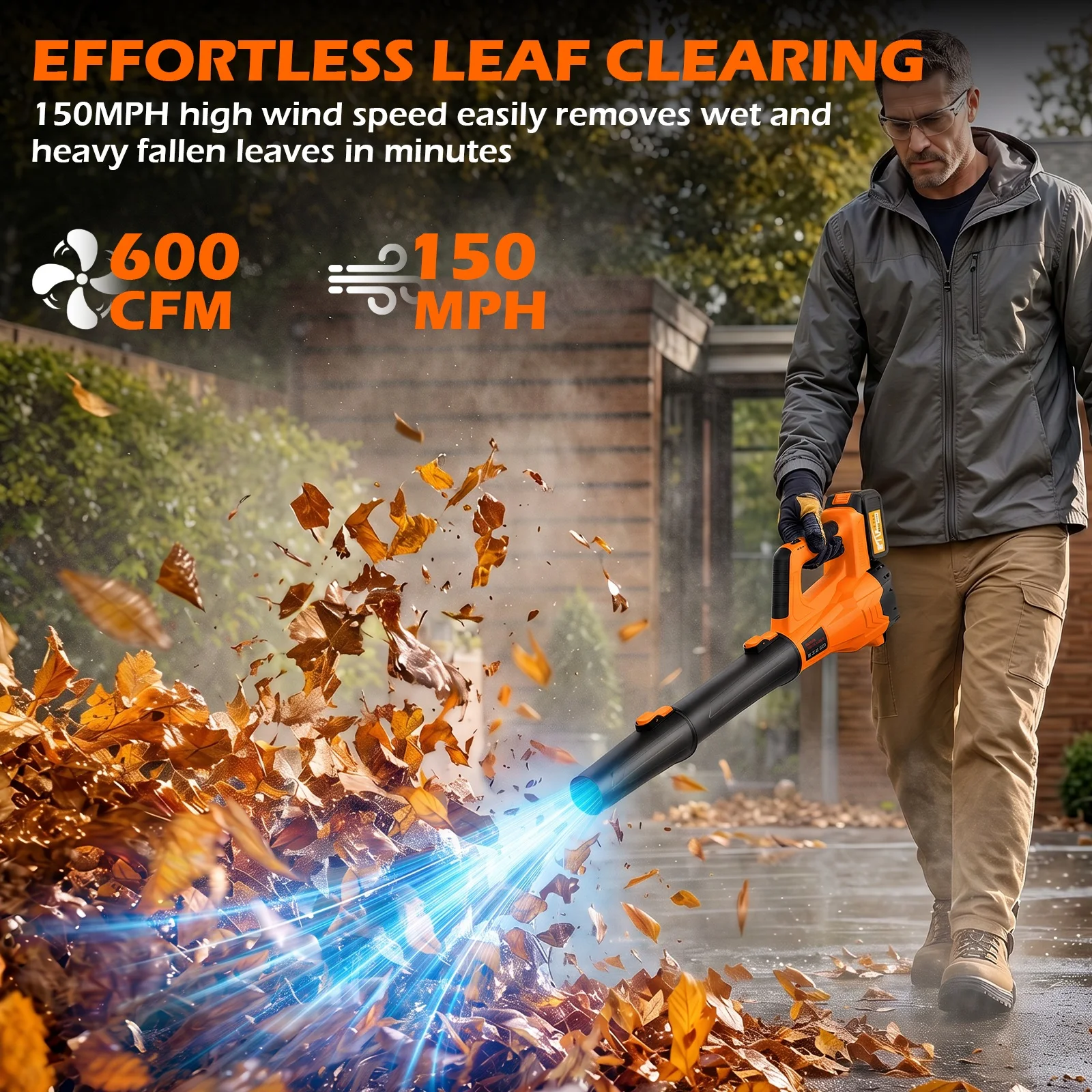 Cordless Electric Leaf Blower 150MPH 600CFM Portable 2-Speed Adjustment With 2×4.0Ah Batteries for Yard Patio Walkway Leaf Snow Dust Removal