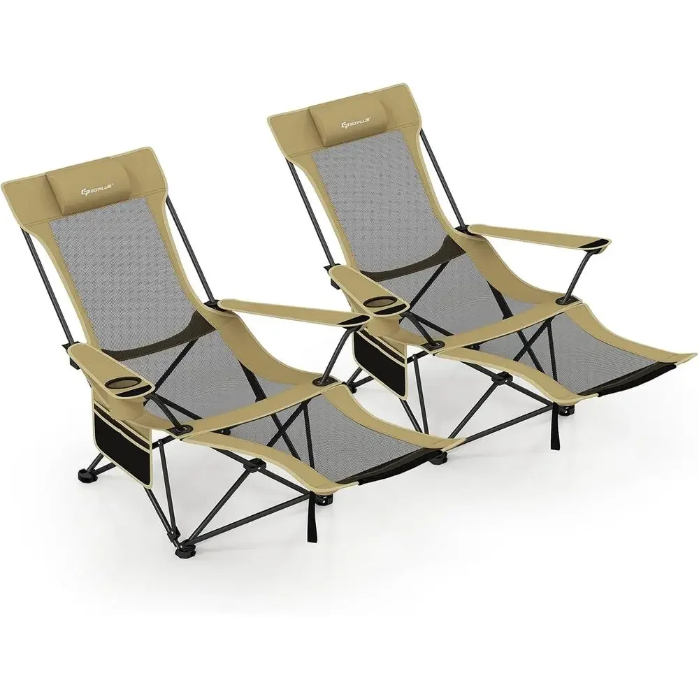 

Portable Reclining Beach Chair with Detachable Footrest, 4-Position Backrest, Carry Bag, Pillow, Cup Holder, Storage Pouch, 330