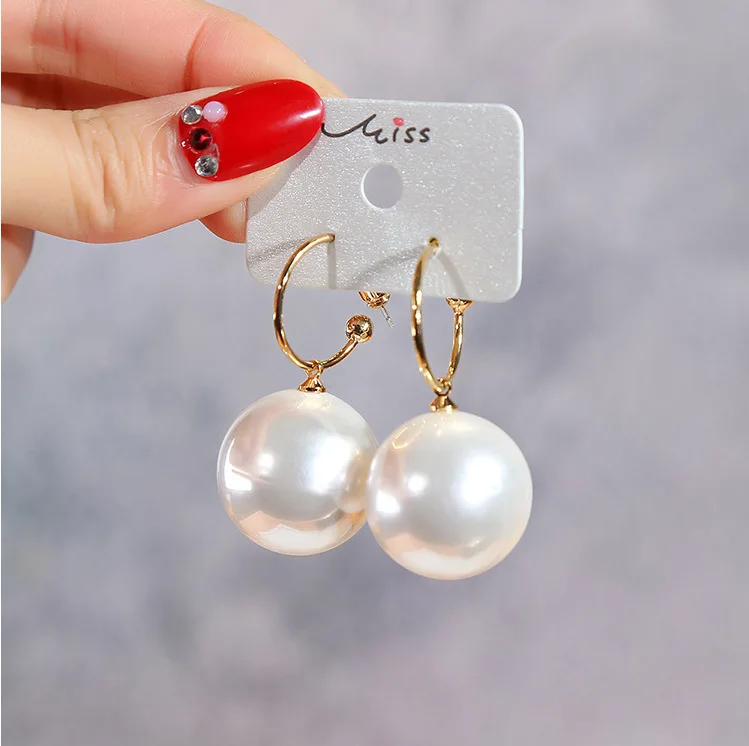 Korean Elegant Round Pearl Hoop Drop Earrings for Women  Circle Ball Bead Pendant Dangle Women\'s Wedding Party Jewelry Gift