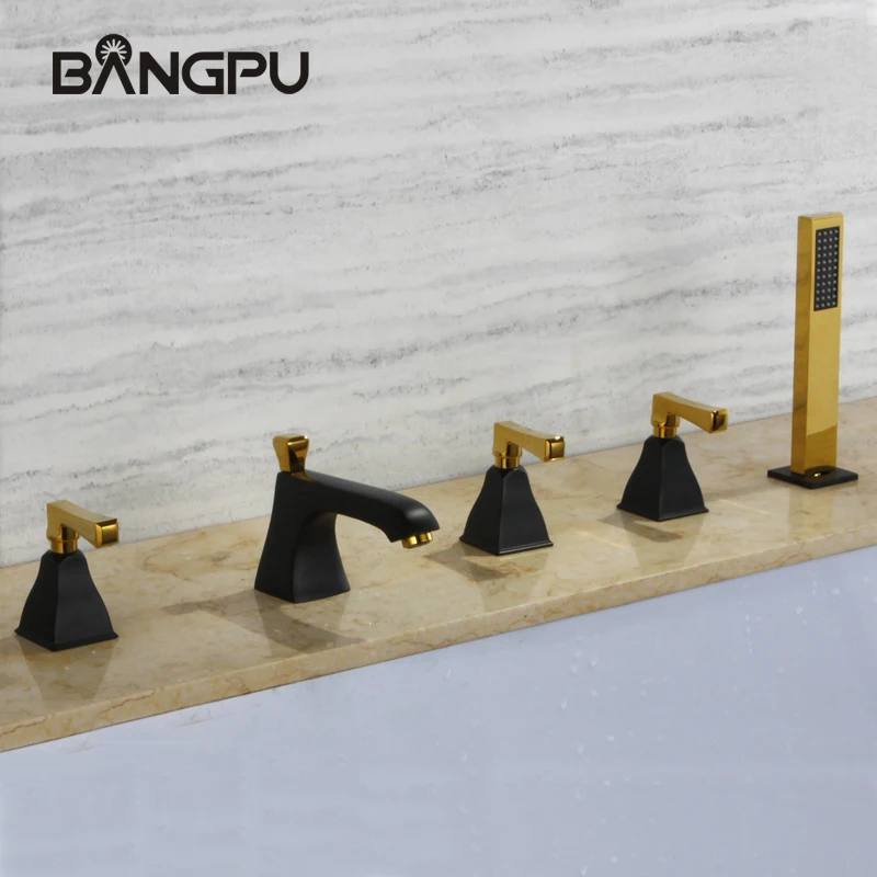

Deck Mounted Bath Tub Faucet with Hand Shower Contemporary 5 Hole Bathroom Tub Faucet Set Roman Bathtub Faucet Set with Sprayer