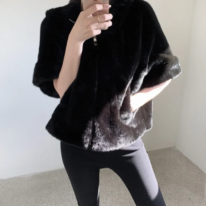 Chic Vintage con capucha piel de visón Jaet suelta versátil Plu prendas de vestir exteriores para mujeres Otoño Invierno nueva llegada fibra de poliéster