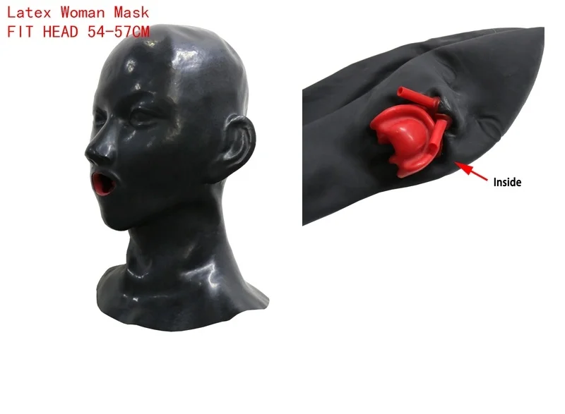 0.6mm Mould Full Head Latex Mask Fetish Open Closed Eye Rubber Hood with Red Mouth Teeth Lip Sheath Tongue Nose Tube 54-57cm