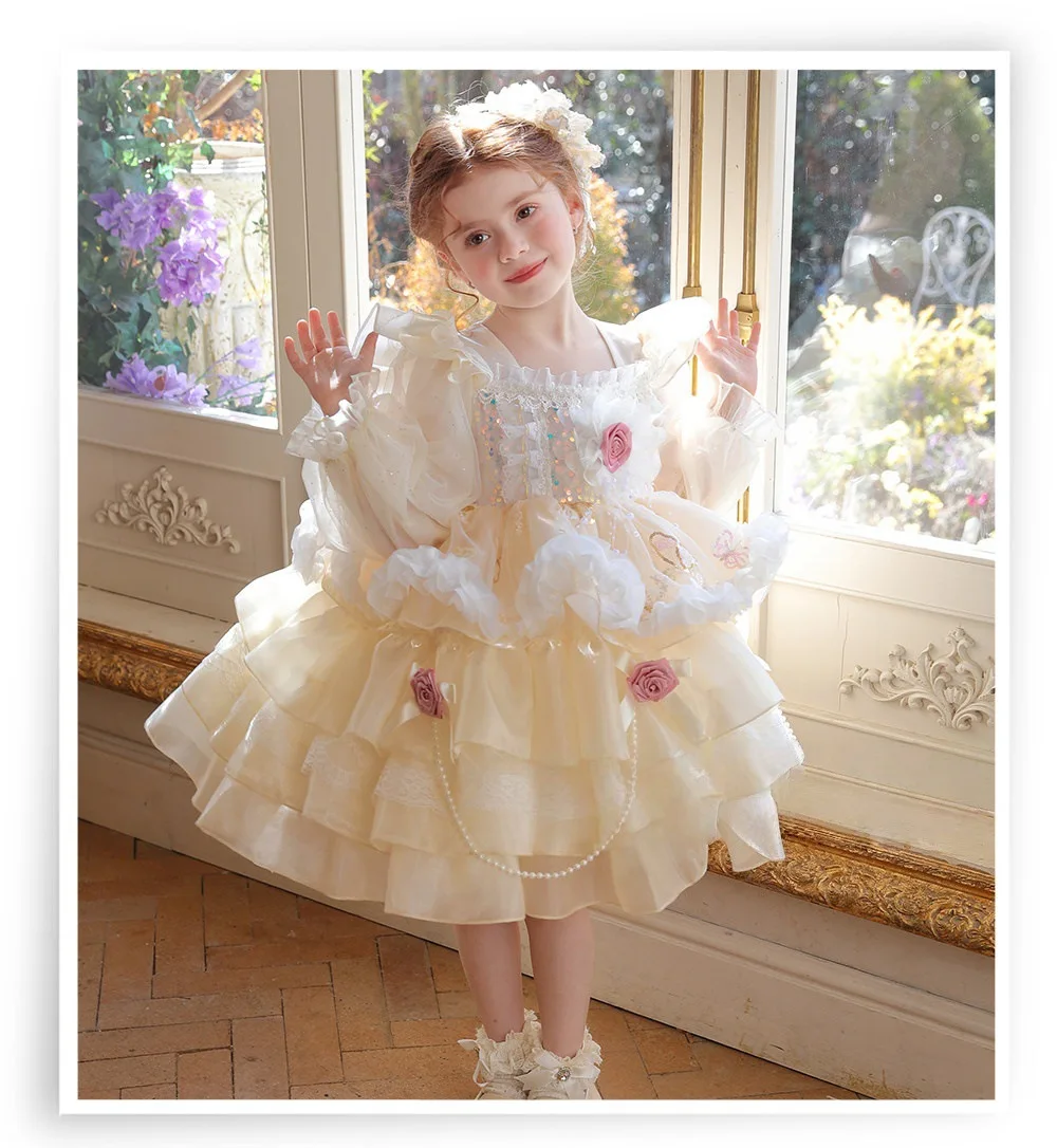 

2026 New Baby Summer Girls Boutique Long Sleeve Floral Dress, Princess Kids Sweet Fashion Party Dress 4-8T