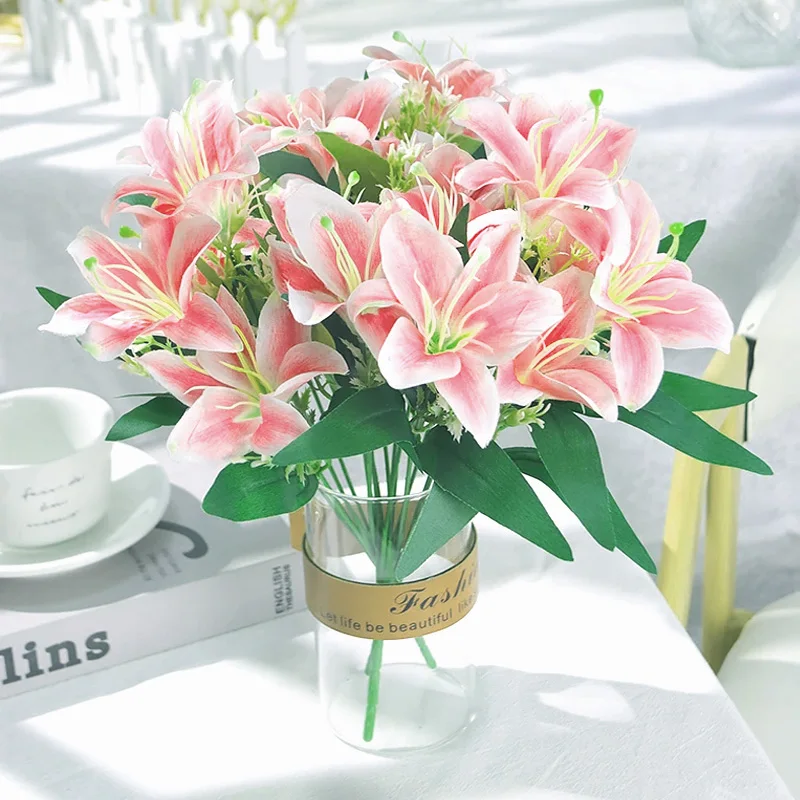 Künstliche Blumen, 7/10 Köpfe, Lilie, Hochzeit, Brautstrauß, Heimdekoration, Hotel, Party, Büro, Garten, Seide, rosa Blumen, Kunstdekorationen