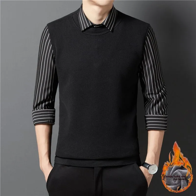 

Мужской модный вязаный комплект из двух предметов: утепленная кофта с длинным рукавом и круглым вырезом, на флисовой подкладке, эластичная, молодежная, трендовая, брендовая, для ношения под одеждой