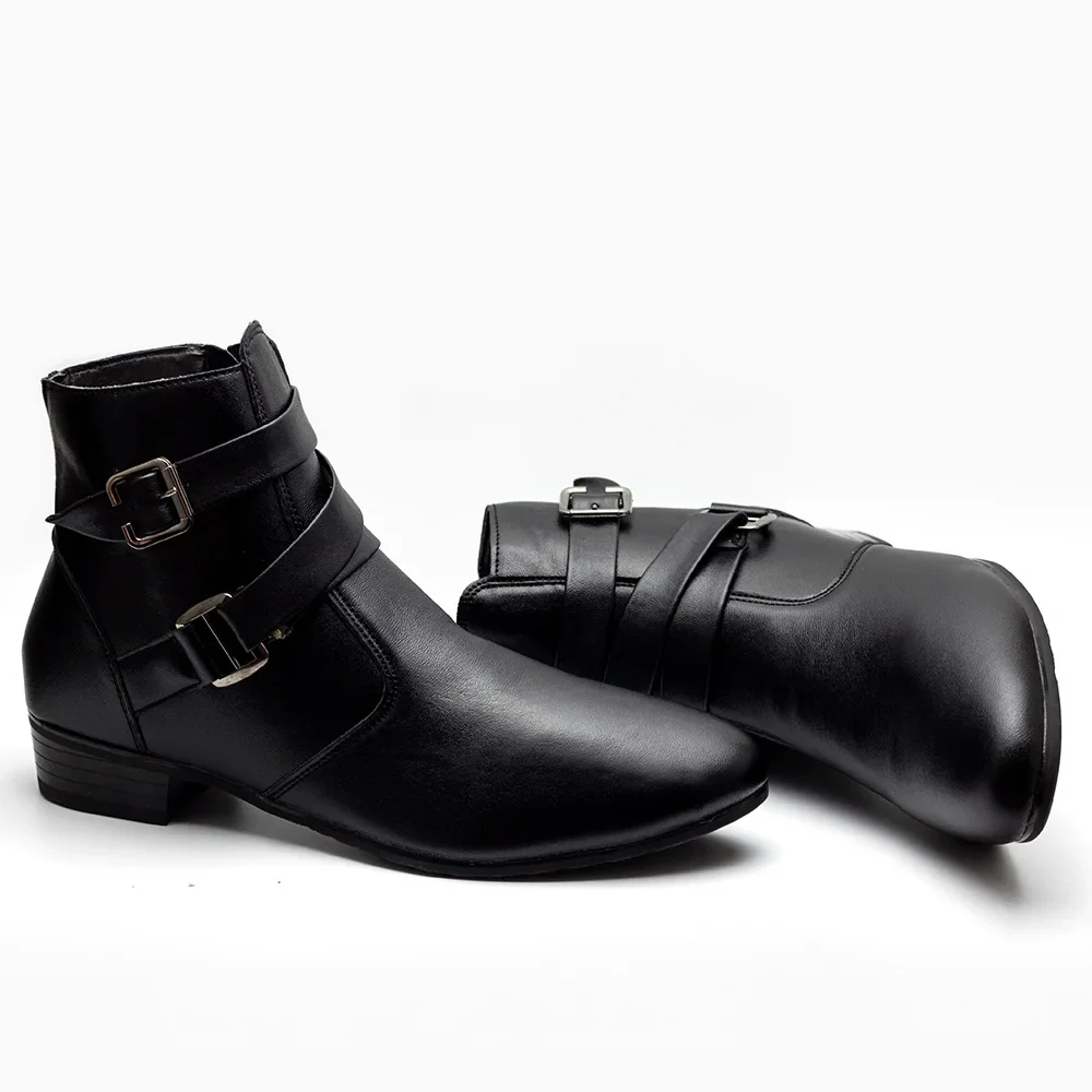 Men\'s Black Ankle Boots Pointed Toe Double Buckle Strap Faux Leather Chelsea Boots British Style Business Casual Dress Shoes