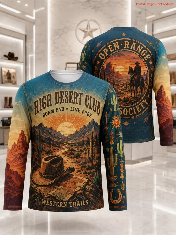 Men's High Desert Club Roam Far Live Free Long Sleeve T-Shirt Western Trails Cowboy Hat Cactus Graphic Pullover Tops Gift